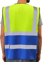 Dib Safety Reflective Vest High Visibility with Pockets and Zipper, Yellow and Blue 2XL