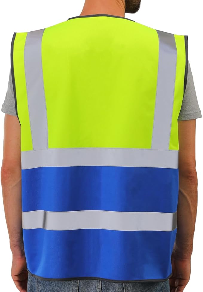 Dib Safety Reflective Vest High Visibility with Pockets and Zipper, Yellow and Blue 2XL