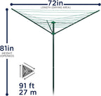 91 FT Umbrella Clothesline Outdoor - Clothes Line Outdoors Green Painted Steel Frame with Ground Socket - Clotheslines for Outside Laundry Drying, Washing Line for Hanging Clothes, Sheets etc