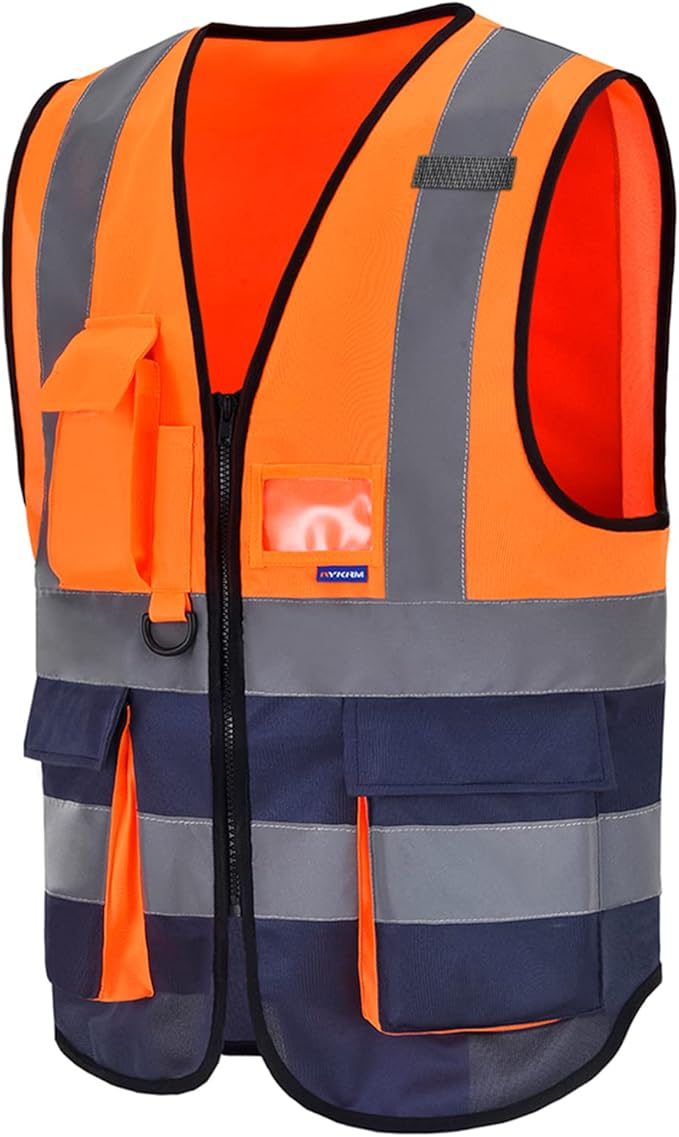 A-SAFETY High Visibility Safety Vest with 4 Reflective Strips 7 Pockets,Orange&Navy X-Small