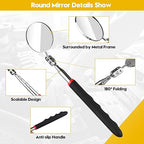 Telescoping Inspection Mirror, Flexible Retractable Automotive Extension Round Mirror 360 Rotation&Bendable Square Mirror, Extendable Mirror on a Stick with 4 Replaceable Mirror & 1 Storage Bag