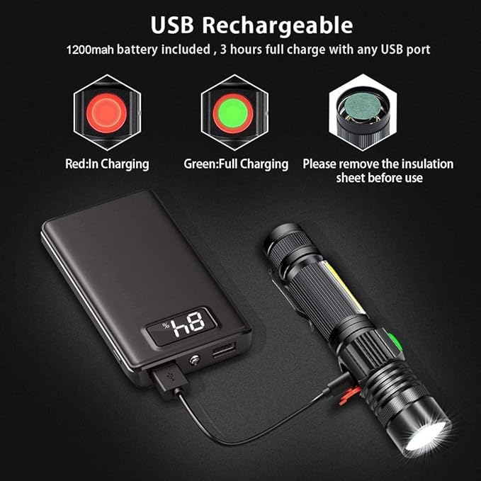 Hoxida Rechargeable Flashlight(Battery Included), Magnetic LED Flashlight with COB sidelight, 1200 Lumen Super Bright LED, Waterproof, Zoomable, 4 Modes Best Flashlight for Camping, Emergency