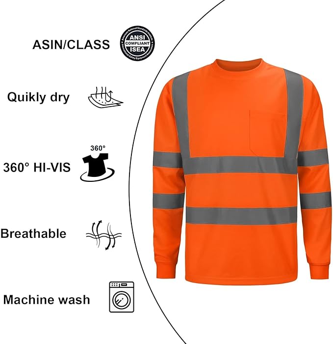 High Visibility Class 3 T Shirts，Hi Vis Safety Shirts with Reflective Strips and Pocket, Long Sleeve Quick Dry Mesh Construction Work Shirt for Men/Women Orange,4XL