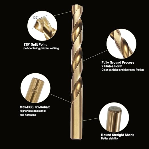 21Pcs Cobalt Drill Bit Set (1/16"-3/8"), M35 HSS, 135 Degree Tip, Twist Jobber Length for Hardened Metal, Stainless Steel, Cast Iron, Wood, and Plastics, with Index Storage Case