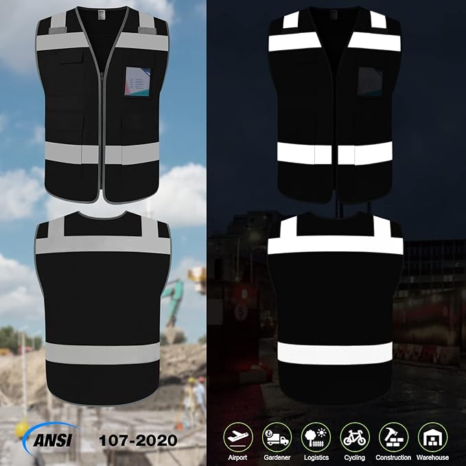 TCCFCCT Reflective Safety Vest 5 Pockets High Visibility Safety Vest for Men Women, Work Vest with Horizontal Strip for Walkie-talkie, Durable and Fashion, Meets ANSI/ISEA Standards, Black, L