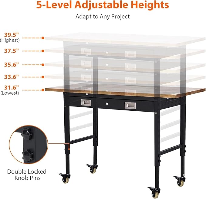 Work Bench 60" Adjustable Height, Heavy-Duty Portable Workbench with Power Outlets and Drawer for Garage & Workshop, 2000 LBS Load Capacity Large Pegboard, Work Table for Office, Home, Easy Assembly