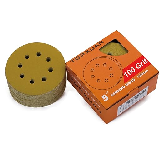 Orbital Sander Pads 5 Inch 8 Holes 100 Grit Sanding Disc,Hook and Loop Wet/Dry Gold Replacement Sandpaper,Suitable for Wood,Plastic Grinding and Polishing,Pack of 50