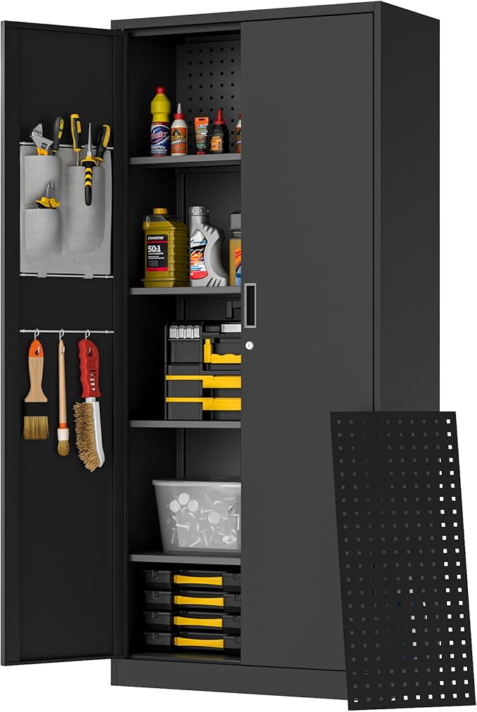 Washemba 71" Metal Garage Storage Cabinet, 2 Locked Doors and 5 Adjustable Shelves, can be Used for Storing Tools, consumables, Books, etc., for Office, Home, Garage, Gym, School (Black)