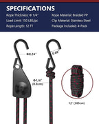 VIPARSPECTRA Ratchet Tie Down Straps, 1/4" Adjustable Rope Hangers [4 Pack, 12FT, 150 lbs/Pack], Heavy Duty Kayak Pulley System with Hooks for Garage Cargo Trucks Tents Grow Lights Various Lashing
