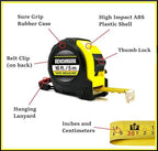 Benchmark - 4 Pack of 16ft Tape Measures - Retractable, Auto Lock, Metric and Imperial (feet and Centimeters), Tough Outer Shell Protection