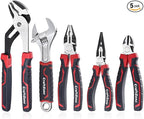 5-Piece Pliers & Wrench Set - Ideal Gift for Mechanics - Construction - Plumbing - Electrical Work - Includes 6" Long Nose & Diagonal Pliers - 8" Adjustable & Combo Wrench - 10" Groove Joint Plier