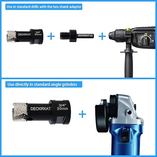 3/4” Diamond Hole Saw with Slots 20mm Vacuum Brazed Tile Hole Saw for Porcelain Granite Brick Concrete with 5/8-11 Thread to 3/8” Hex Shank Adapter Fit Both Angle Grinders & Electric Drills