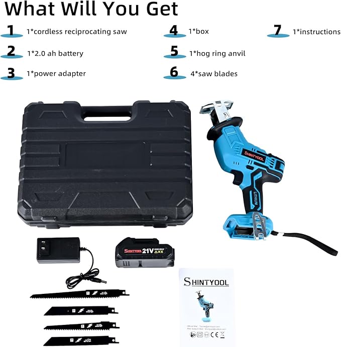 21v Cordless Reciprocating Saw, 2.0 Ah Battery Operated Reciprocating Saw With Charger,Hog Ring Anvil And 4 Pcs Blades For Wood Pvc Pipe Tree Cutting By SHINTYOOL