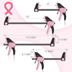 WORKPRO Bar Clamps for Woodworking, 6-Pack One-Handed Clamp/Spreader, 4PC 6" and 2PC 12" Wood Clamp Set, Light-Duty Quick-Change F Clamps with 150 lbs Load Limit, Pink Ribbon