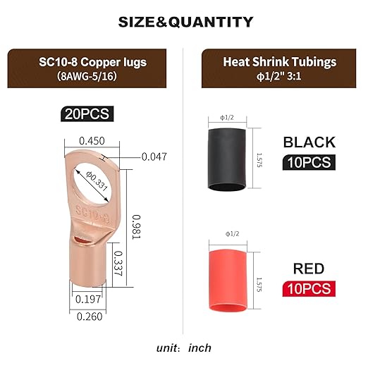 Thick Copper Electric Wire Lugs,20Pcs Bare Copper Gauge 8Awg-5/16(M8) Ring Heavy Duty Battery Cable Lugs Ends Ring Terminals Connectors with 20Pcs 3:1 Heat Shrink Tubing Assortment Kit