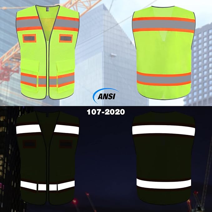 TCCFCCT Mesh Safety Vest for Men Women with Pockets High Visibility Reflective Vest for Safety, Work Vest with Fluorescent Orange Extend Edge, Meets ANSI/ISEA Standards, Yellow, XXL