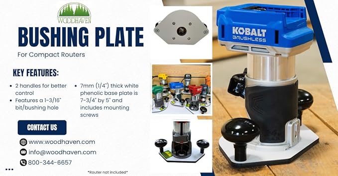 Woodhaven 8360 Trim/Compact/Palm Router PC style Guide Bushing Baseplate for Makita XTR01Z, DRT50ZX4 or MLCS compact routers, Durable Solid White Phenolic, w/Hardware Made in the USA