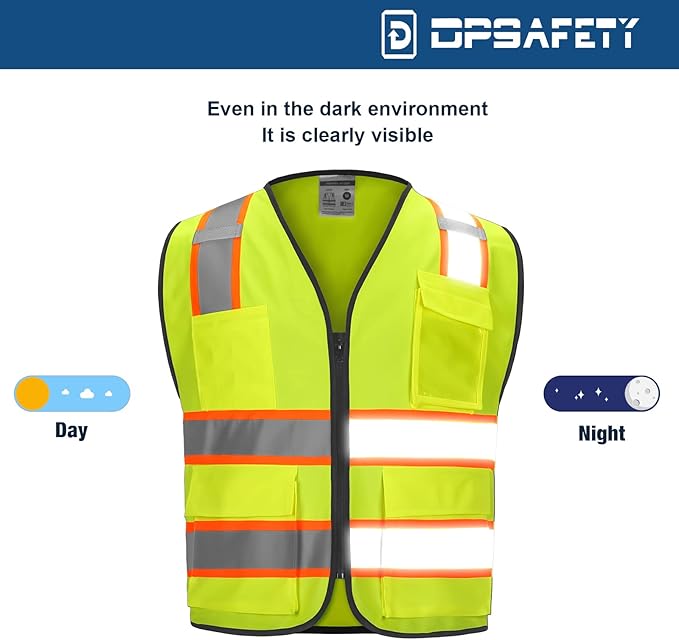 9 Pocket High Visibility Class 2 Safety Vest with Reflective Strips and Zipper Closure for Men & Women in Lime, 2XL