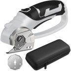 Cordless Electric Scissors, 4V Box Cutter & Cardboard Cutter with 2 Titanium Blades - Rotary Cutter with LED Light for Fabric, Leather, Carpet, Plastic, Crafting + Storage Case (Grey)