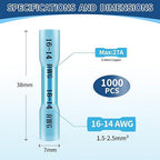 1000 Pcs Blue Heat Shrink Butt Connectors, 16-14 AWG Marine Grade Insulated Crimp Electrical Connectors, Terminals Splices for Automotive, Marine, Industrial, Home