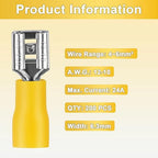 200 Pcs Yellow Female Quick disconnects Vinyl Insulated Spade Wire Connectors, Electrical Crimp Terminal 12-10 AWG (6.3mm)