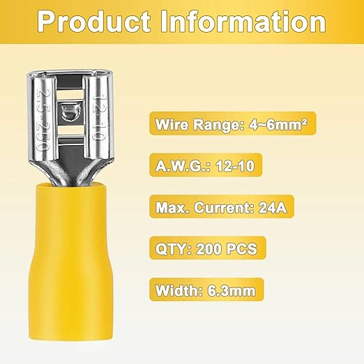 200 Pcs Yellow Female Quick disconnects Vinyl Insulated Spade Wire Connectors, Electrical Crimp Terminal 12-10 AWG (6.3mm)
