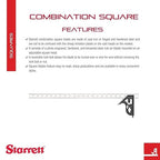 Starrett Steel Combination Square with Square Head - 24" Blade Length, Cast Iron Head, Hardened Steel, Reversible Lock Bolt, Scriber, 4R Graduation Type - C11H-24-4R