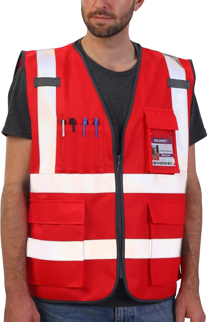 Dib Safety Reflective Vest High Visibility with Pockets and Zipper, Red XL