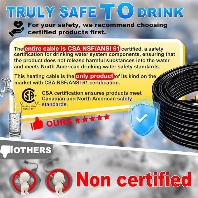 HEATIT In Line Self Regulating Heating Cable for Drinking Water Supply In Pipe NSF/ANSI/CAN 61 Certified Heat Tape Pre-Assembled Pipe Freeze Protection 120V, 45FT