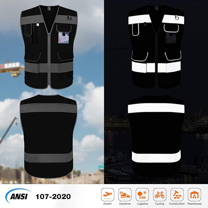 TCCFCCT Mesh Hi Vis Vest, 9 Pockets High Visibility Reflective Safety Vest for Men Women, Safety Construction Vest with Reflective Strips, Meets ANSI/ISEA Standards, (Black, Medium)