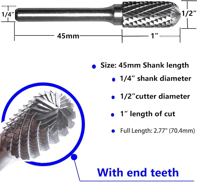 Carbide Burr Set 1/4" Shank SC-5 Die Grinder Bits Tungsten Double Cut Burr Bits (1/2" Cutter Dia X 1" Cutter Length) for Die Grinder Kits Metal Grinding Drilling Polishing (3pcs)