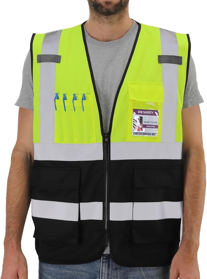 Dib Safety Reflective Vest High Visibility with Pockets and Zipper, Yellow and Black XL