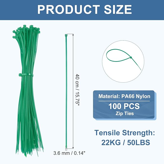 PATIKIL Cable Zip Ties 8 Inch, 100 Pcs Self-Locking Nylon Wire Tie Wraps Heavy Duty Cord Management with 50 lbs Tensile Strength for Indoor and Outdoor, Green (0.1"W)