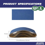 4" x 36" Zirconia Sanding Belts for Metal - 4 x 36 Inch Zirconia Metal Grinding Sand Paper, 8 PCS 240 Grits, Perfect for Knife Blade Sharpening, Metal Polishing, Derusting, Woodworking