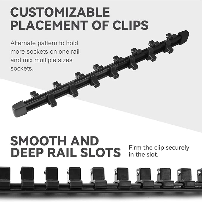 ALOANES 9 PC ABS Socket Organizer, 3/8 inch, Drive Socket Rail Holders, Heavy Duty Socket Racks, Black Rails with Black Clips