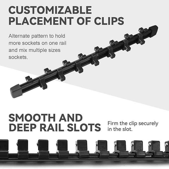 ALOANES 12 PC ABS Socket Organizer,1/2 inch, 3/8 inch, and 1/4 inch Drive Socket Rail Holders, Heavy Duty Socket Racks, Black Rails with Black Clips