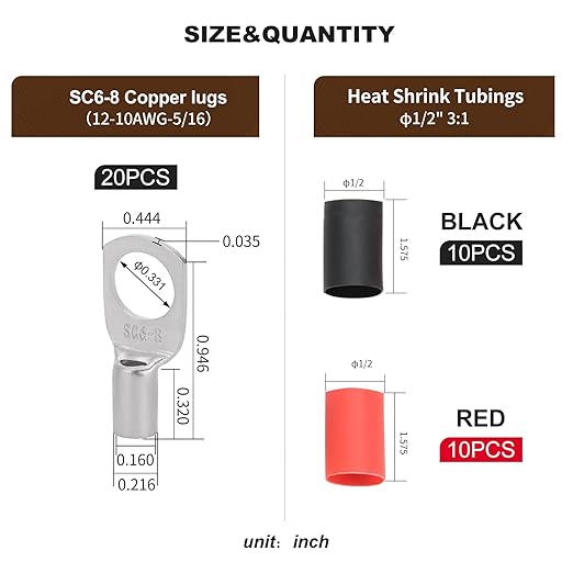 Thick Copper Electric Wire Lugs,20Pcs Tinned Copper Gauge 12-10Awg-5/16(M8) Ring Heavy Duty Battery Cable Lugs Ends Ring Terminals Connectors with 20Pcs 3:1 Heat Shrink Tubing Assortment Kit
