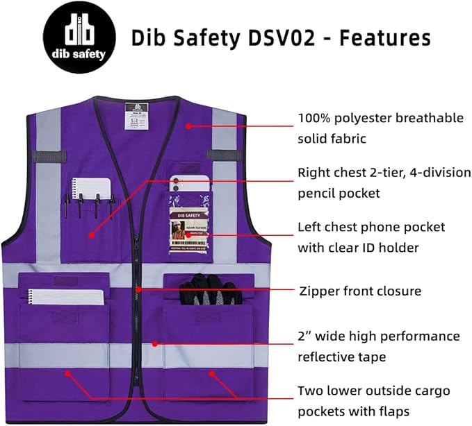 Dib Safety Reflective Vest High Visibility with Pockets and Zipper, Purple XL