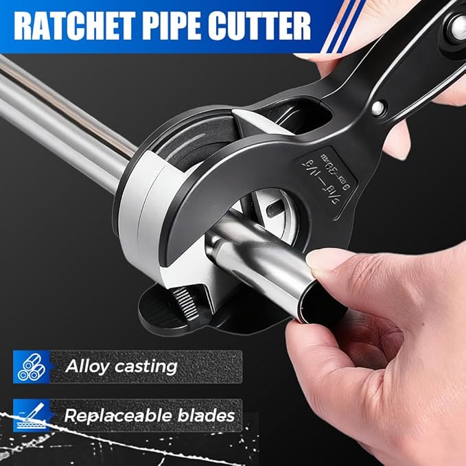 Ratcheting Tubing Cutter, Adjustable Ratchet Type Pipe Cutter 1/4" To 7/8", Ratcheting Pipe Cutter for Copper Aluminum Iron Stainless Steel Conduit Plumbing, PVC, Soft Metals (5/16" to 1-1/8")