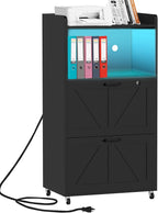 2 Drawer File Cabinet On Wheels & Charging Station, Wood Filing Cabinet with Lock & LED Light, Large Storage Printer Stand for Home Office, Black