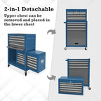 13 Drawer Rolling Tool Chest with Wheels, 2 in 1 Detachable Tool Chest with Drawers, Large Tool Box with Lock, Metal Tool Cabinet for Garage Workshop(Blue-Gray)