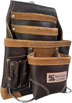Supreme Leather Tool Pouch for Construction Carpenter Tool Bag Electrician's Pouch | 10 Pockets 2 Stainless Steel Hammer Holders Top Grain Leather Bag