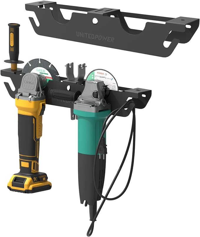 UNITEDPOWER Angle Grinder Holder - 2 Bay Angle Grinder Rack/Stand Storage Rack with Cord Hanger, Wall mount Bracket for Cutters Polishers, Garage and Workspace.