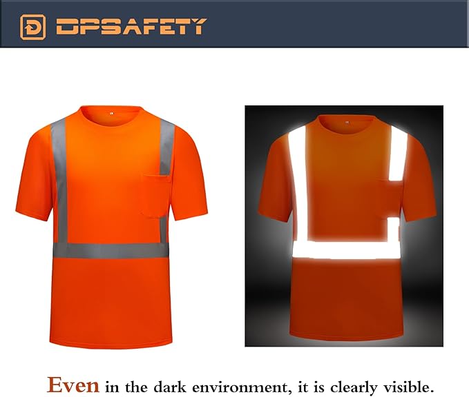 High Visibility Shirts Quick Dry Safety T Shirts with Reflective Strips and Pocket Short Sleeve Mesh Hi Vis Construction Work Class 2 Shirt for Men/Women Orange,5XL
