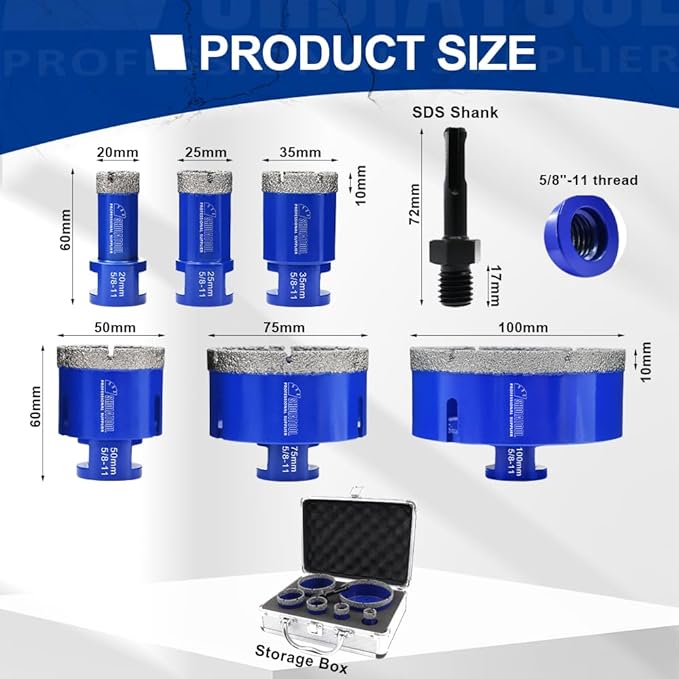 SHDIATOOL Diamond Drill Core Bits Set for Porcelain Hole Saw Cutter for Tile Marble Ceramic Granite 5/8-inch-11 6pieces(20/25/35/50/75/100MM)