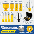 HIGHDRIL Diamond Drill Bits Kit with 5/8-11 for Porcelain Tile Ceramic Marble Brick Concrete Vacuum Brazed Hole Saw(6/8/10/16/20/25/32/50mm+10mm Finger Bits+SDS Shank Adapter