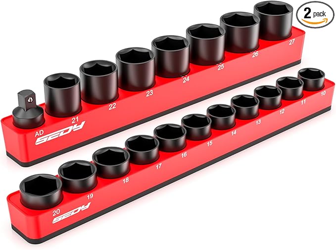 2-Piece 1/2"-Drive Metric Magnetic Socket Organizer Set (Holds 19 Sockets) - Detachable Tool Tray with 5mm Magnetic Base, Screw-Fixed Design & Heavy-Duty Modular Storage for Garage/Home Workshop