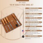 Mt Diablo Woodworking Tools 4 Piece Chisel Set - Premium CV60 Steel Wood Chisel Sets with Ergonomic Handles, Includes 1/4" 1/2" 3/4" 1" Widths - Ideal for Woodworkers - Durable Waxed Canvas Tool Roll