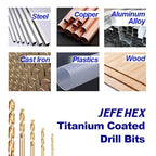 JEFE HEX 3/32" 12 PCS Hex Shank Drill Bit for Quick Change, HSS Titanium Twist Bit, 135 Degree Split Point, Precision Start Drill Bit for Wood, Plastics, Steel, Copper, Aluminum Alloy (Pack of 12)