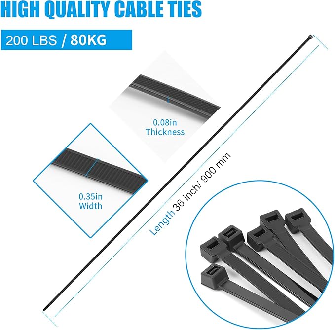 36 inch Black Zip Ties Heavy Duty 40PCS, 200LBS Ultra Exclusive Strong Plastic Wire Ties, Large Cable Ties Extra Long Tie Wraps, Indoor and Outdoor UV Resistant